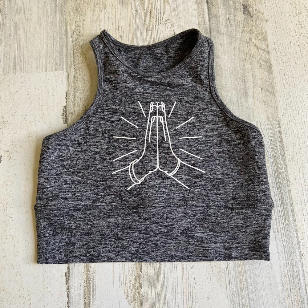 Y7 Studio Women's Size Medium Sports Bra Crop Tank Grey Heather Praying Hands